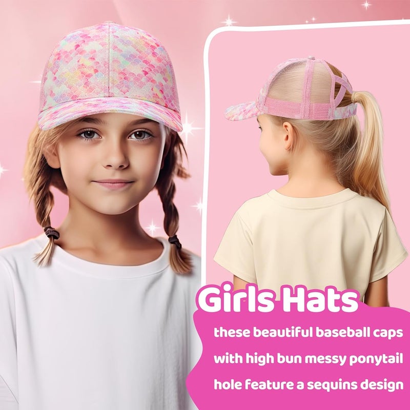 BROMZ Girls Glitter Baseball Cap Kids Ponytail Hat Adjustable Summer Mesh Trucker Hats for 4-12 Years - Image 2